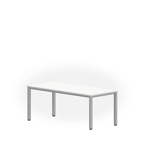A white table with silver legs on a white background.