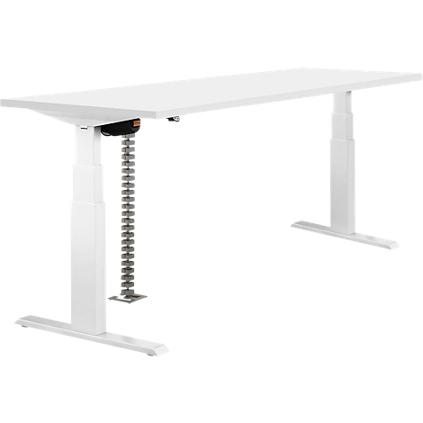 White adjustable height desk, with metal frame and chain for height adjustment.