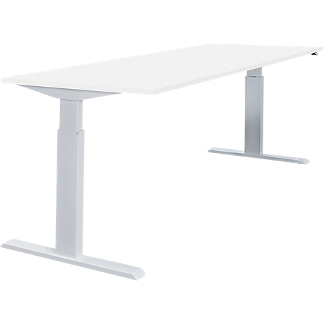 A white height-adjustable desk with silver legs, seen from above.