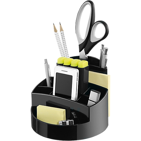 Black desk organizer with office supplies: pens, scissors, sticky notes, phone. On a light background.