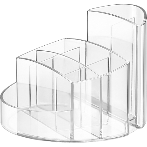 A clear, organized makeup organizer made of transparent acrylic, divided into compartments.