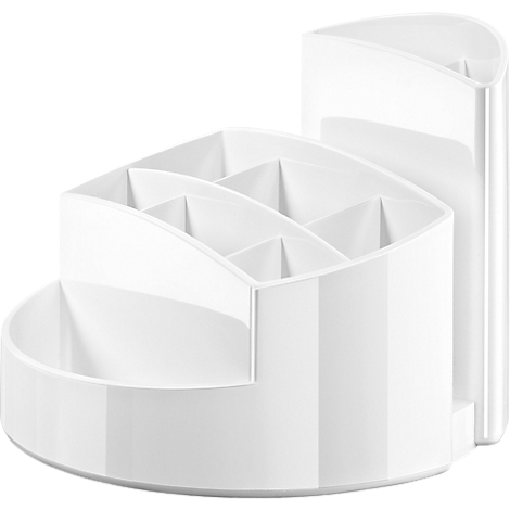 White desk organizer with multiple compartments and a separate holder.