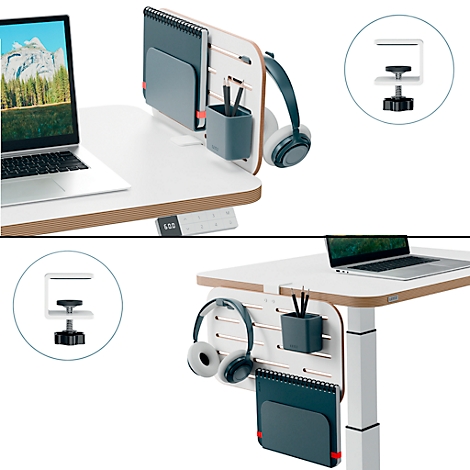 Desk organizer with notepad, pen holder, headphones, clamp and laptop.