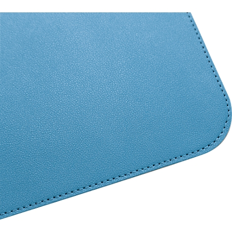 Close-up of a light blue leather product with rounded corners and a fine seam along the edge.