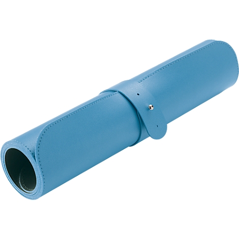 Rolled-up, light blue leather desk pad with a fastener.