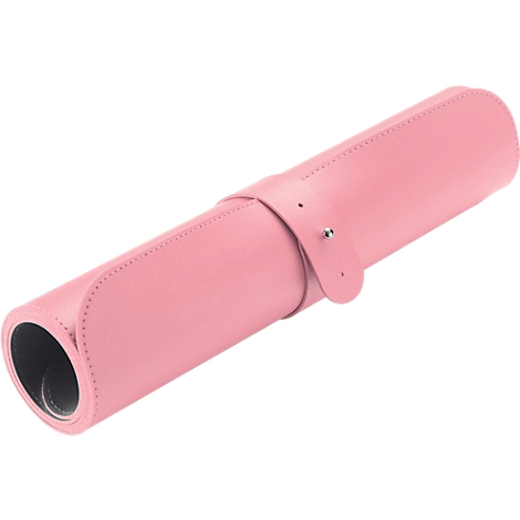 Rolled pink leather mousepad with a clasp.