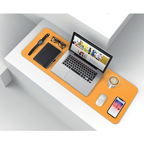 Laptop, smartphone, glasses, notebook, watch, and coffee on orange desk pad.