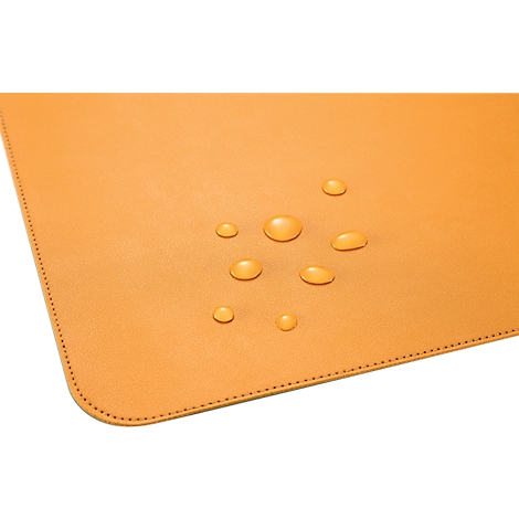 An orange desk pad with water droplets beading on it. The pad has a stitched edge.