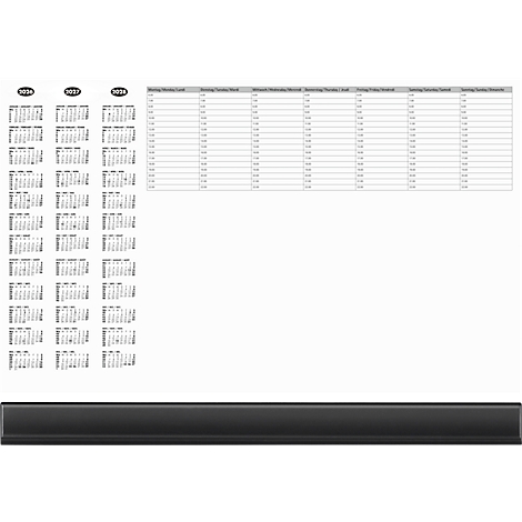 Monochrome table with planning columns. Top three oval buttons, left several calendar days. Bottom black bar.