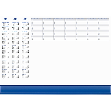 Tables with data, calendars and blue bar.
