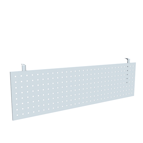 Grey perforated sheet with hooks, many round holes. The background is white.