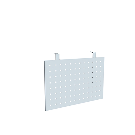 Gray perforated sheet metal with holes and hangers.