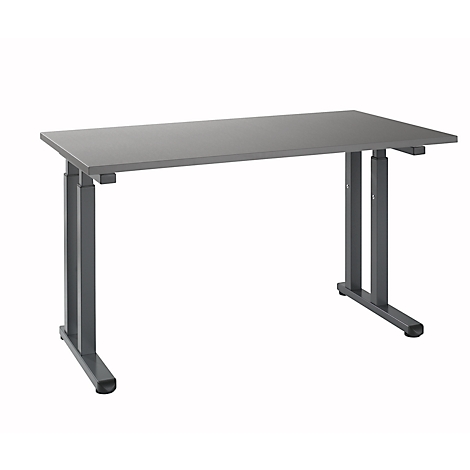 Grey height-adjustable desk on white background. Rectangular tabletop with grey frame.