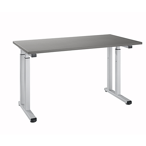 Grey height-adjustable desk with silver legs against a white background.