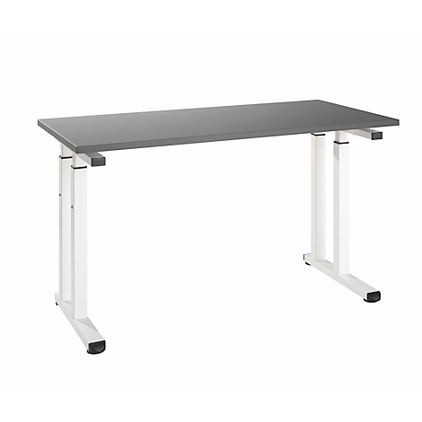 Gray standing desk with white legs. Table top rectangular, light gray. The table legs are white, height adjustable. Background white.