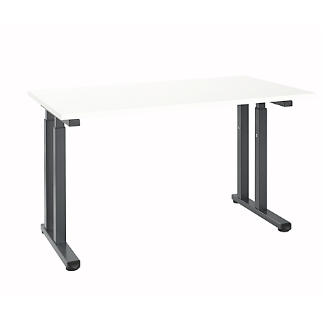 Height-adjustable desk, white table top, grey legs.