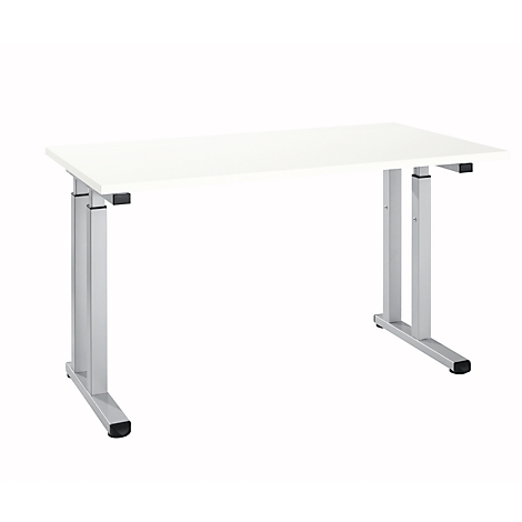 White height-adjustable desk with silver legs isolated on a white background.