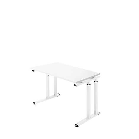 A white height-adjustable desk against a white background. The table has a rectangular tabletop and a white frame.