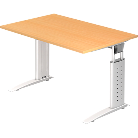A height-adjustable desk with a light brown tabletop and white frame.