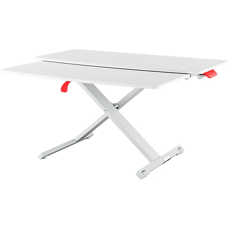 White, height-adjustable table with red lever. The table has a rectangular tabletop on a crossed frame.