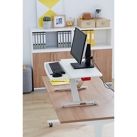 Height-adjustable desk with monitor, keyboard, mouse. Shelf with folders and decoration in the background.