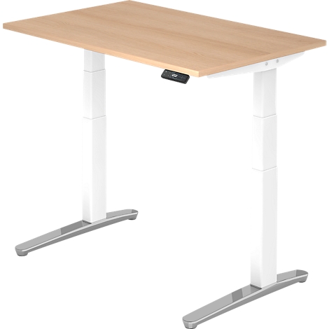 Light brown adjustable height desk with white legs and silver feet. The controls are attached to the tabletop.