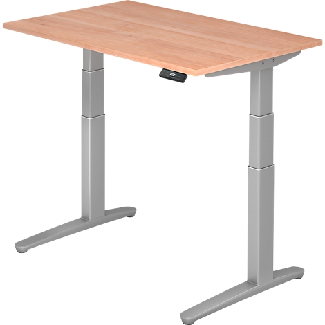 An adjustable height desk with a wooden top and a gray frame. On the tabletop is a black control panel.