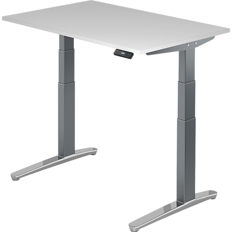 An adjustable-height desk with gray legs and a white tabletop. A small control panel is attached to the tabletop.