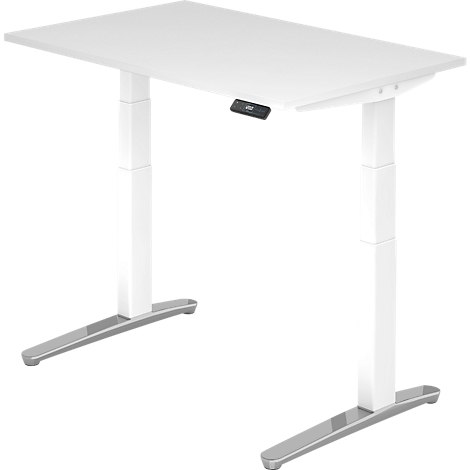 A white, height-adjustable desk against a white background. The control is black.