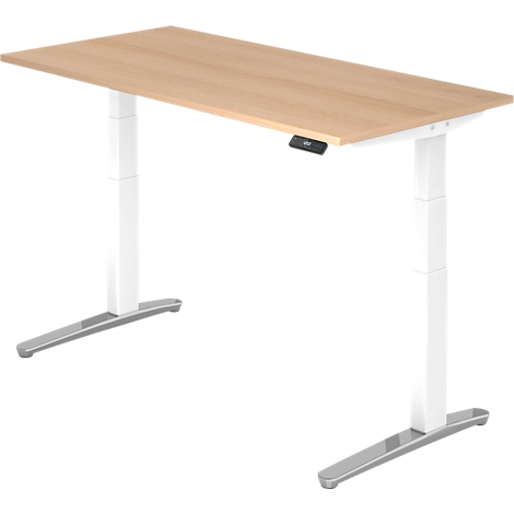 Height-adjustable desk with wooden top and white frame, black control.