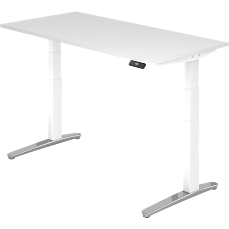 White height-adjustable desk. Gray legs, control panel on the edge of the table.