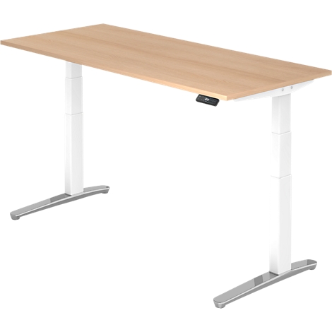 A height-adjustable desk with a light wood top and white legs. The control is black.