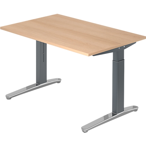 An adjustable height wooden desk with two gray feet.