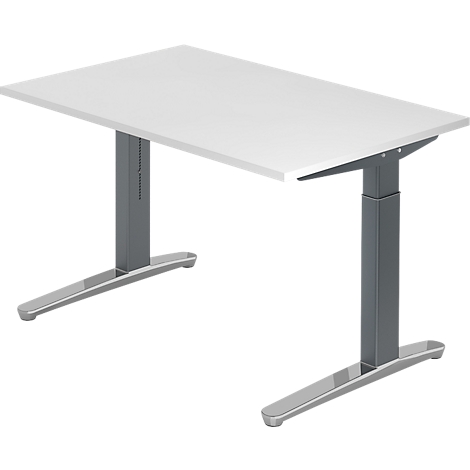 A white height-adjustable desk. Grey legs and frame, light tabletop.