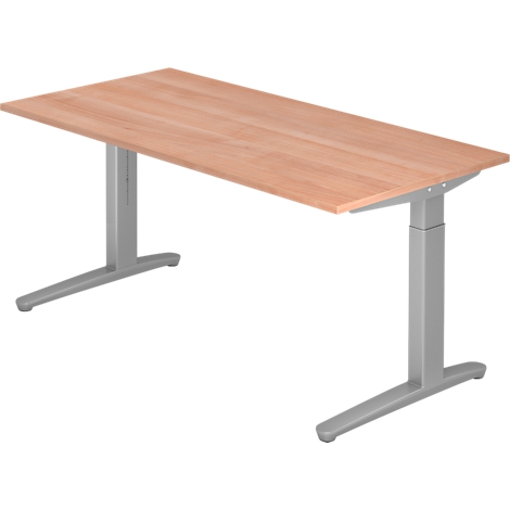 A rectangular, height-adjustable desk with a light brown tabletop and gray metal legs.