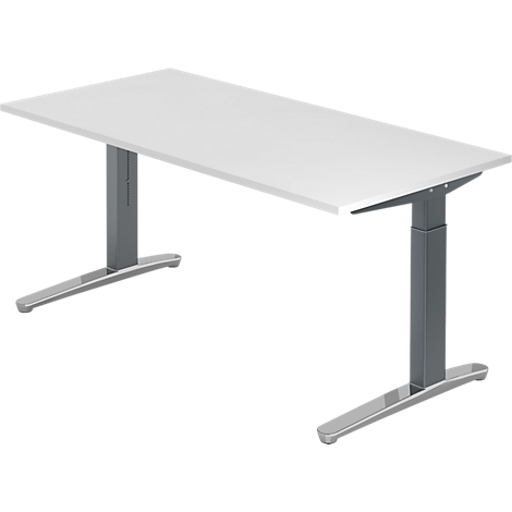 White desk with gray, height-adjustable legs. The table has a rectangular shape and stands on two sturdy feet.