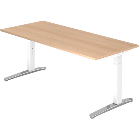 Light brown rectangular standing desk with white legs and silver feet.