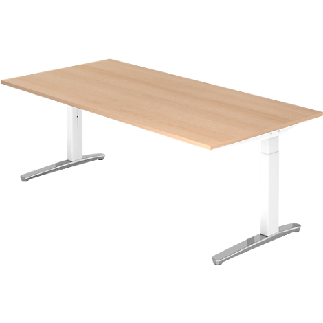 A height-adjustable desk with a light wood top and white-silver legs.