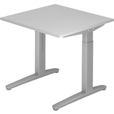 A gray height-adjustable desk against a white background. The tabletop is rectangular, the legs are sturdy and modern.