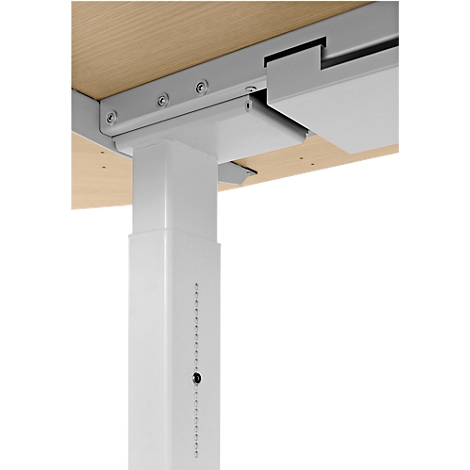 Close-up of a white height-adjustable desk column. Part of the table top and holder above.