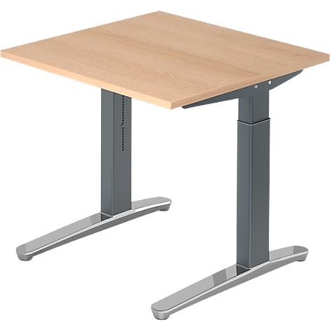 Light brown square standing desk with gray, height-adjustable legs. The tabletop is made of wood-look material.