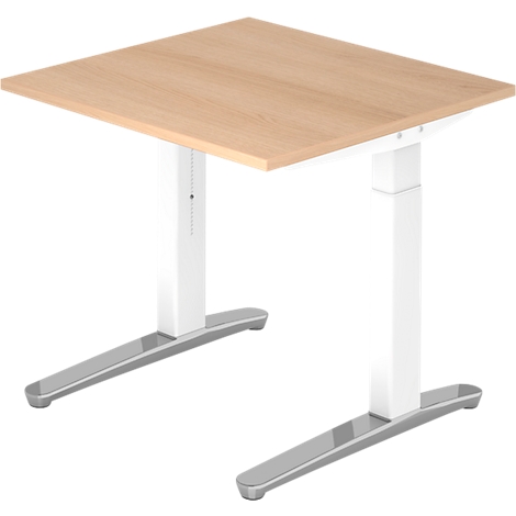 A square, height-adjustable desk in a light wood design. The table legs are white and the feet are silver-grey.