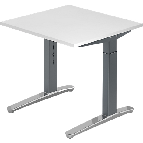 White, square desk on gray-silver height-adjustable legs, isolated.