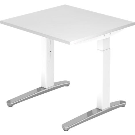 White, square, height-adjustable desk. Gray feet, white columns, light tabletop.