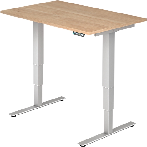 A height-adjustable desk with a light brown table top and silver legs. Control panel for height adjustment.
