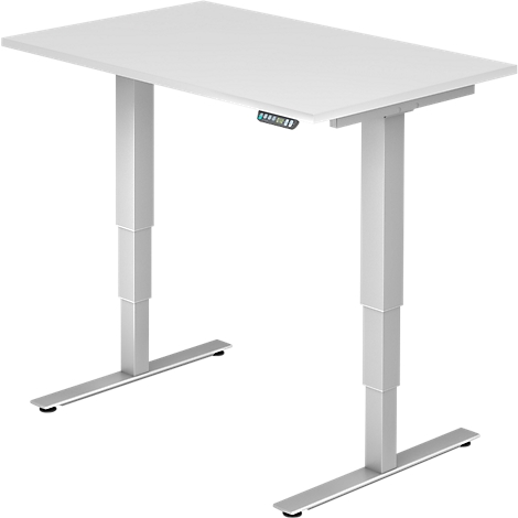 White, height-adjustable desk on a white background. Controls on the tabletop.