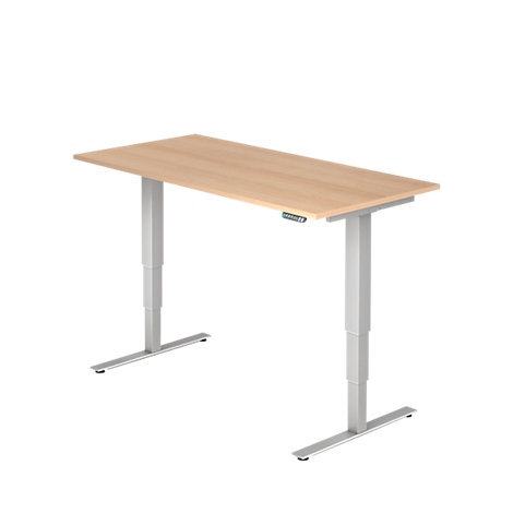 A height-adjustable desk made of light wood with silver legs, against a white background.