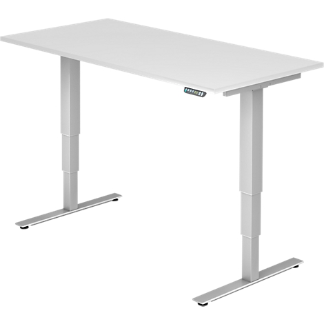 White height-adjustable desk, standing against a white background. A control is attached to the table top.