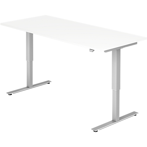 White height-adjustable desk, silver legs, rectangular table top, neutral background.