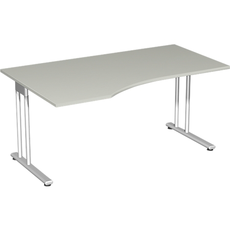 A gray desk with curved edge and silver legs, against a white background.